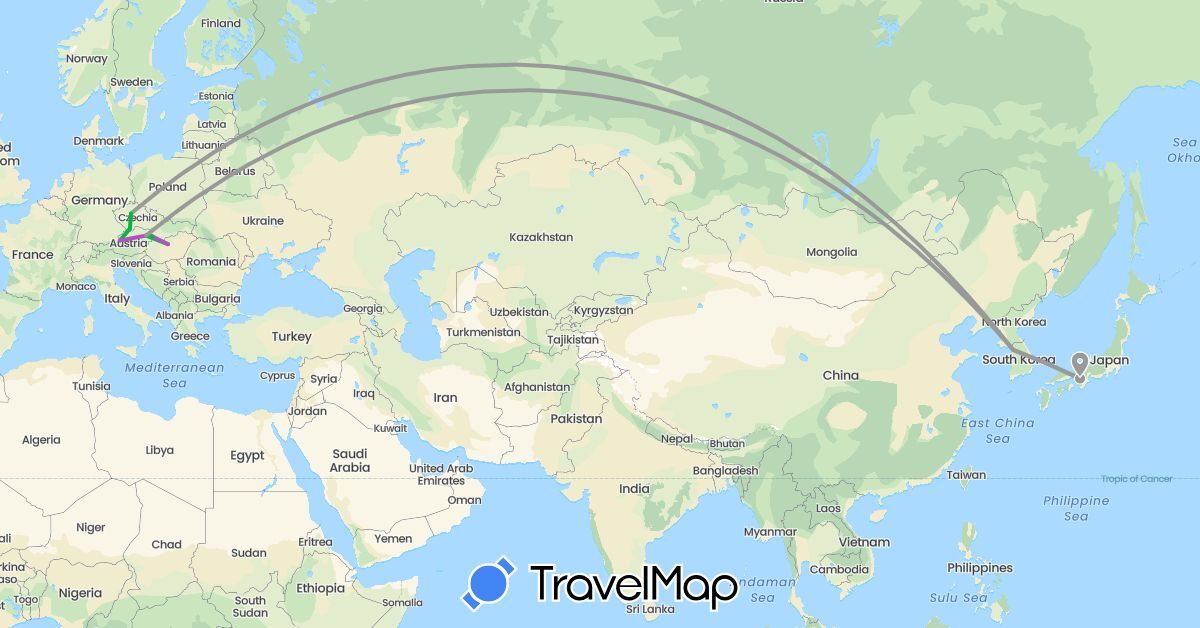 TravelMap itinerary: driving, bus, plane, train in Austria, Czech Republic, Hungary, Japan, South Korea, Slovakia (Asia, Europe)